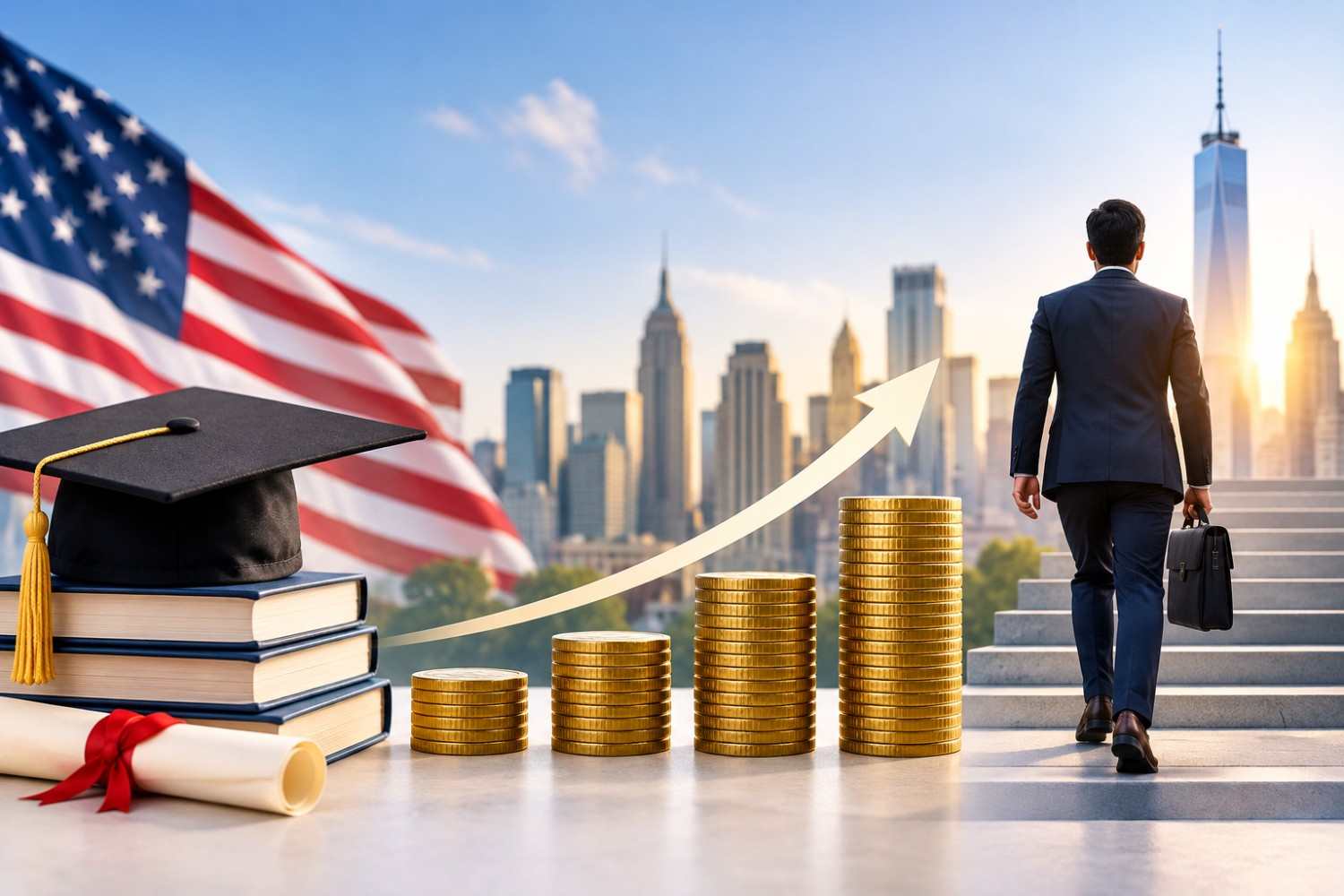 MBA in USA without GMAT ROI visual showing graduation, rising coin stacks, career growth, and professional opportunities in the United States.